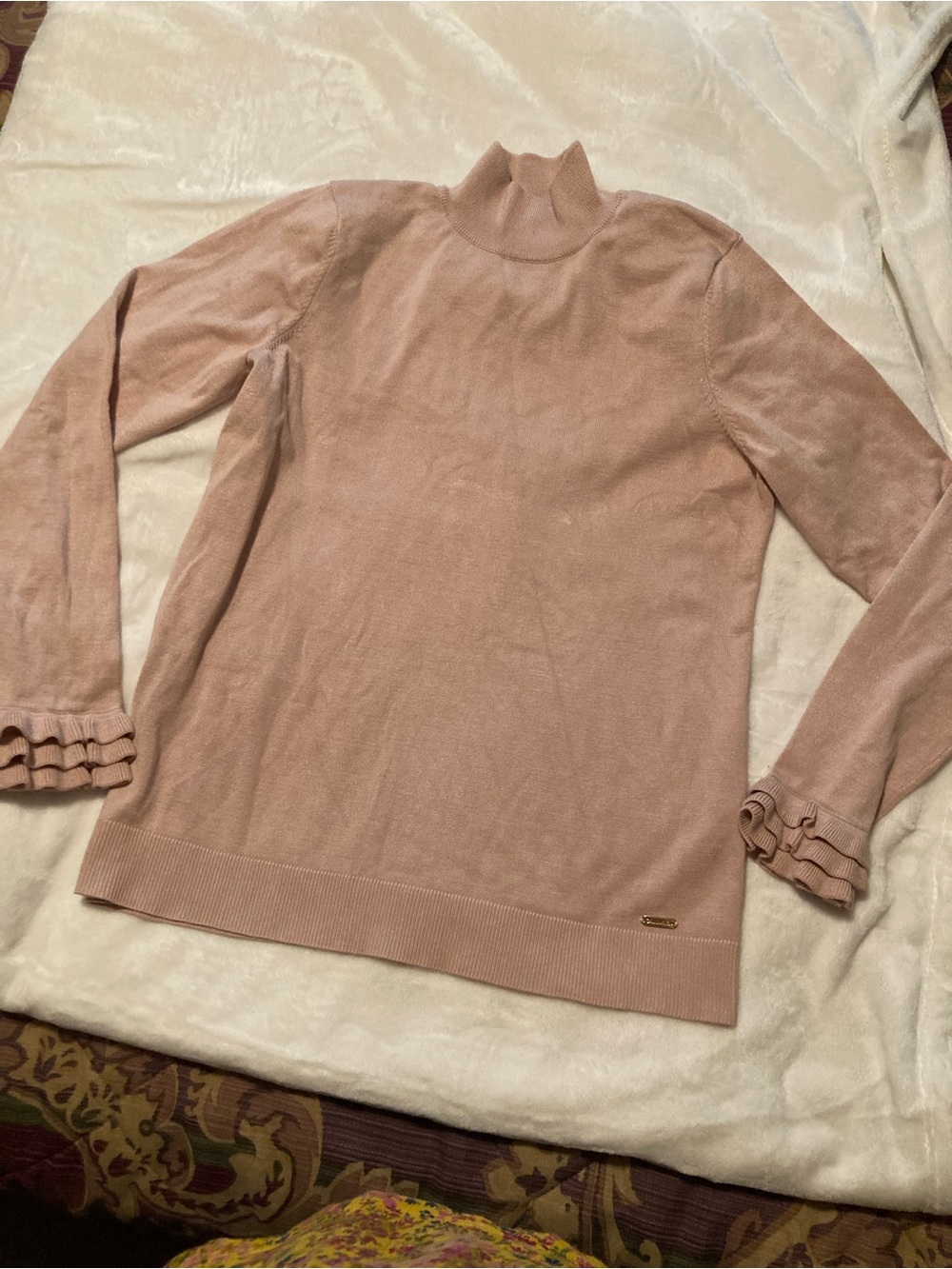 Calvin Klein Dusty Rose Turtleneck Sweater with Ruffle Cuffs